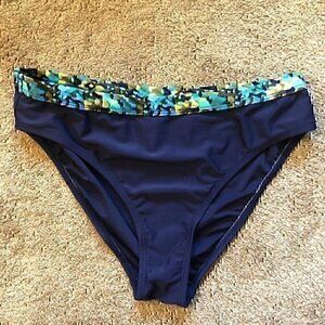 NWOT 24TH OCEAN Navy Blue Green Printed High Waisted Waist Bikini Bottom Large L